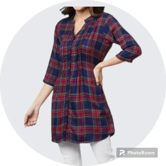 One Femme Plaid Button-Up Tunic W/ Waist Belt Size Med-large Pre-Owned - Picture 1 of 14